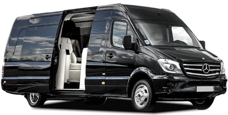 Sleek black custom Mercedes Sprinter Limo Van for Go Luxe luxury limo service for Los Angeles, Southern California and surrounding areas