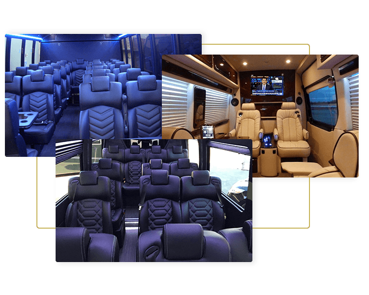 Interior images of luxury Mercedes Sprinter Limo Vans and mini coaches for corporate transportation and corporate limousine service