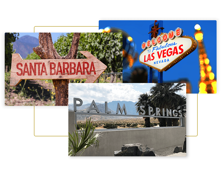 Images of special road signs for Santa Barbara, Las Vegas, and Palm Springs for Go Luxe premium road trip transportation services for southern california