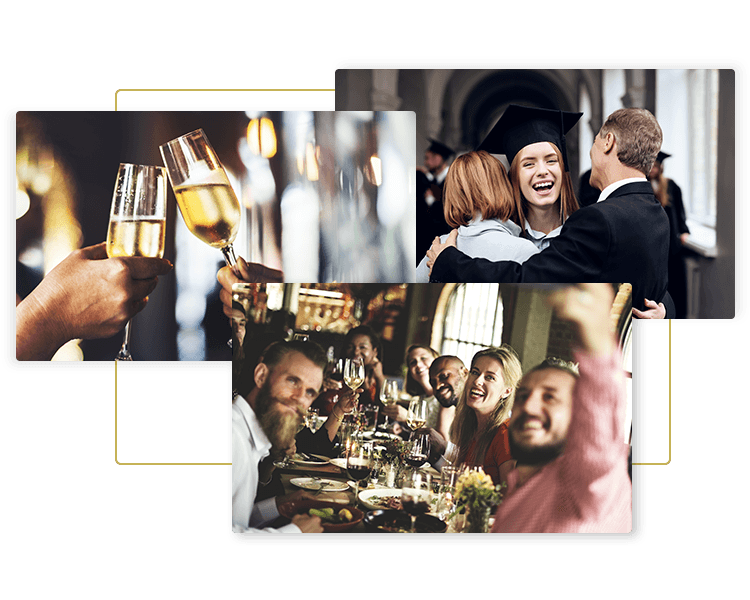Images of people at a graduation, celebration dinner, toasting champagne all for Go Luxe transportation and limo service for all special celebrations, birthdays, graduations, celebration dinners and much more