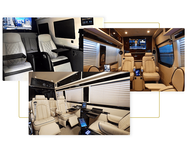 Interior images of custom luxury Mercedes Sprinter Limos for premium Go Luxe Executive transportation and executive limo service