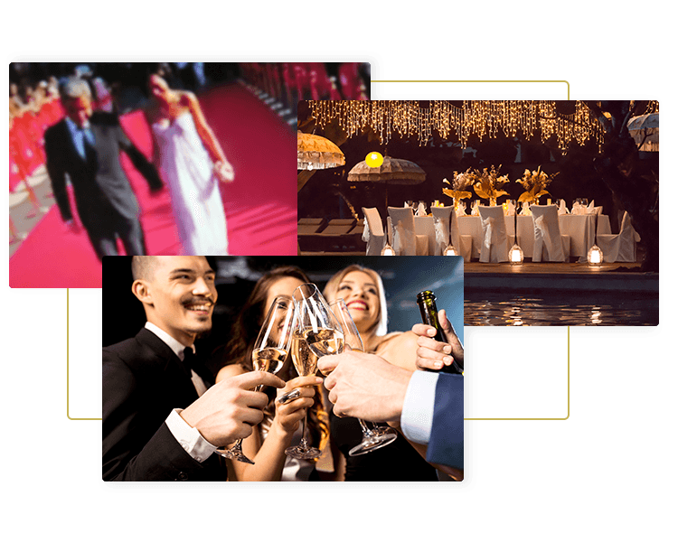 Images of a special event dinner table, people dressed up and celebrating, toasting, and walking the red carpet for Go Luxe special event limousine and luxury transportation