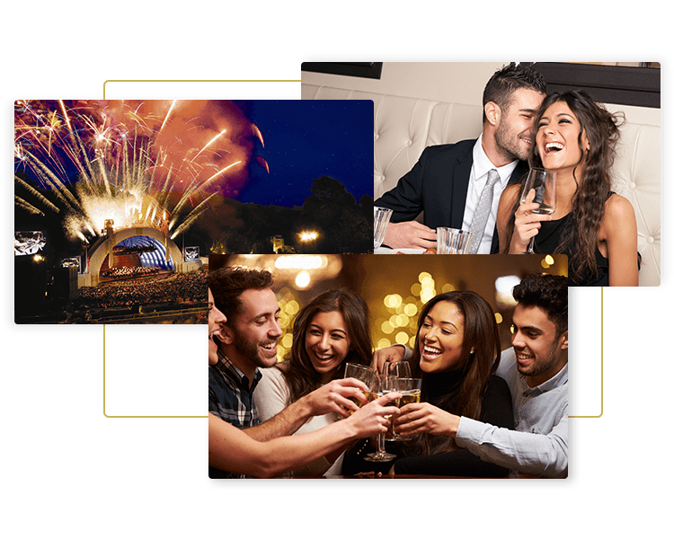Friends out on the town, laughing couple having a romantic dinner, fireworks at a the Hollywood Bowl - all part of a night on the town with luxury limos and transportation from Go Luxe