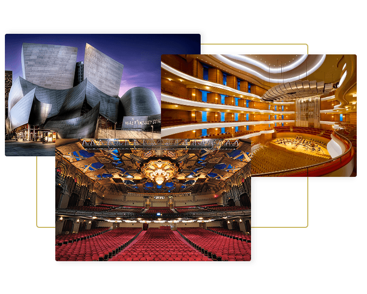 Images of Walt Disney Concert Hall, Pantages Theatre, and Segerstrom Center for the Arts for Go Luxe premium theater limo and luxury theater transportation service in Los Angeles, Pasadena and Orange County