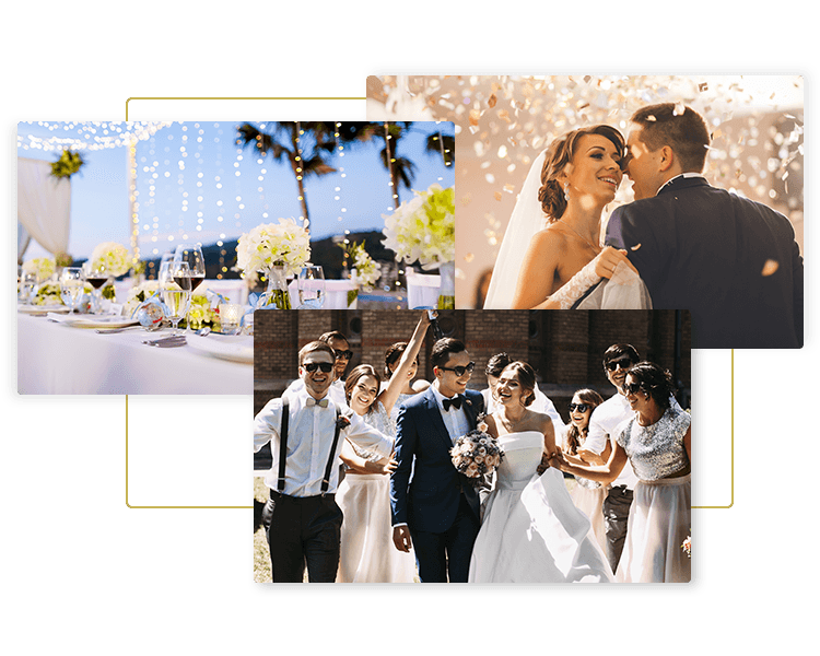 Images of a beautiful wedding table, dancing wedding couple, celebrating wedding party for Go Luxe luxury wedding transportation and wedding limo service
