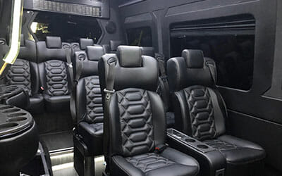 Interior of the Go Luxe Mercedes Sprinter limousine for up to 11 passengers