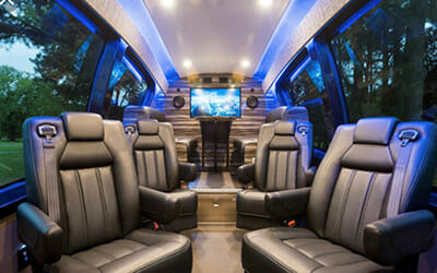 Interior of the 8 passenger Go Luxe Road Stallion Sprinter limousine van. Premium private group transportation.