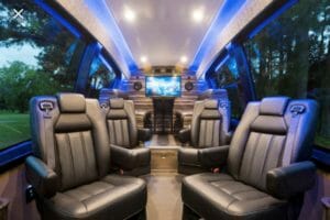 The plush interior of the Go Luxe Road Stallion luxury Sprinter limo van.