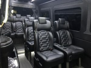 The roomy interior of the Go Luxe Adventurer Sprinter Limo Van for groups of up to 11 people